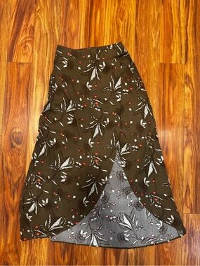 Express Olive Floral Wrap-Style Maxi Skirt with White and Red Accents